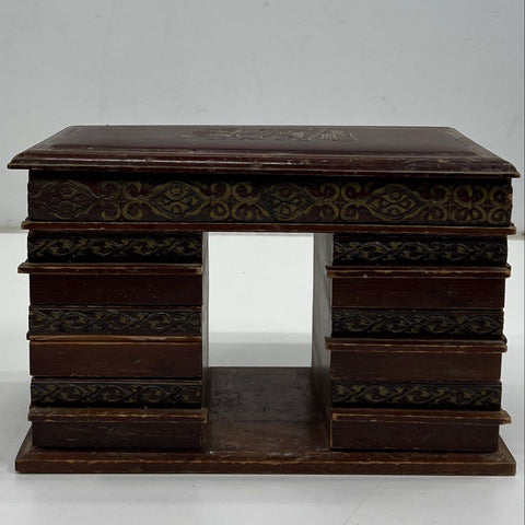 Vintage Wood Desk Jewelry Box Arc de Triomphe Style Greco-Roman Tooled Leather