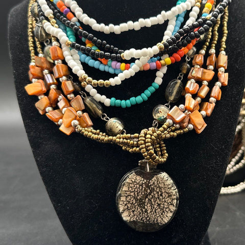 Bohemian Beaded Multi-Strand Statement Necklace Lot of 2 Silver Tone Pendants