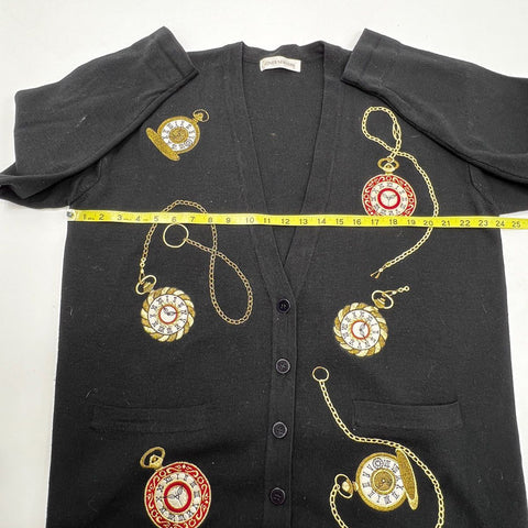 Vintage 90s Jones New York Women's Black Pocket Watch Embroidered Cardigan