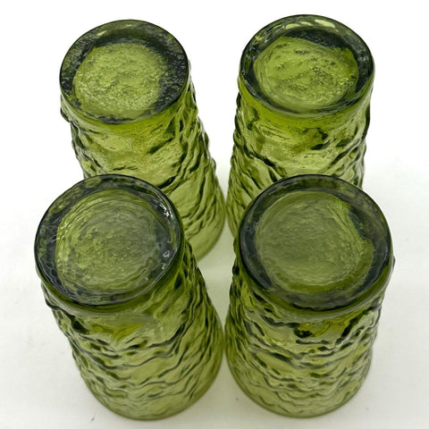 Vintage Pressed Glass Avocado Green Bark Textured Tumblers Set 4 Mid-Century