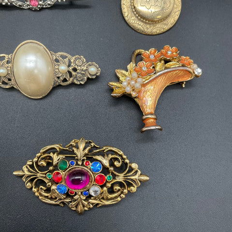 Victorian Revival Style Costume Jewelry Lot 11 Brooches Faux Pearl Enamel