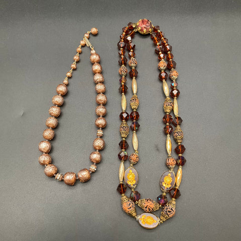 Vintage Costume Jewelry Lot of 2 Beaded Necklaces Rose Motif Double Strand
