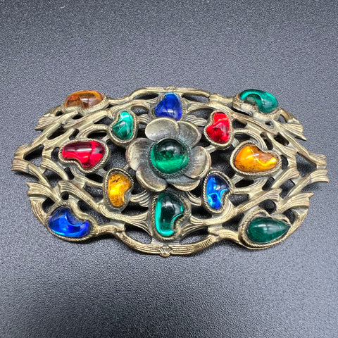 Vintage Czech Style Brooch Pin Multicolor Glass Stones Floral Filigree Metalwork