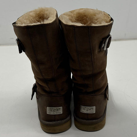 UGG Kensington Chocolate Brown Leather Moto Buckle Shearling Boots Size 10