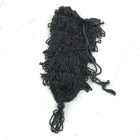 Antique Victorian Black Glass Beaded Fringe Tassel Reticule Pouch Evening Bag
