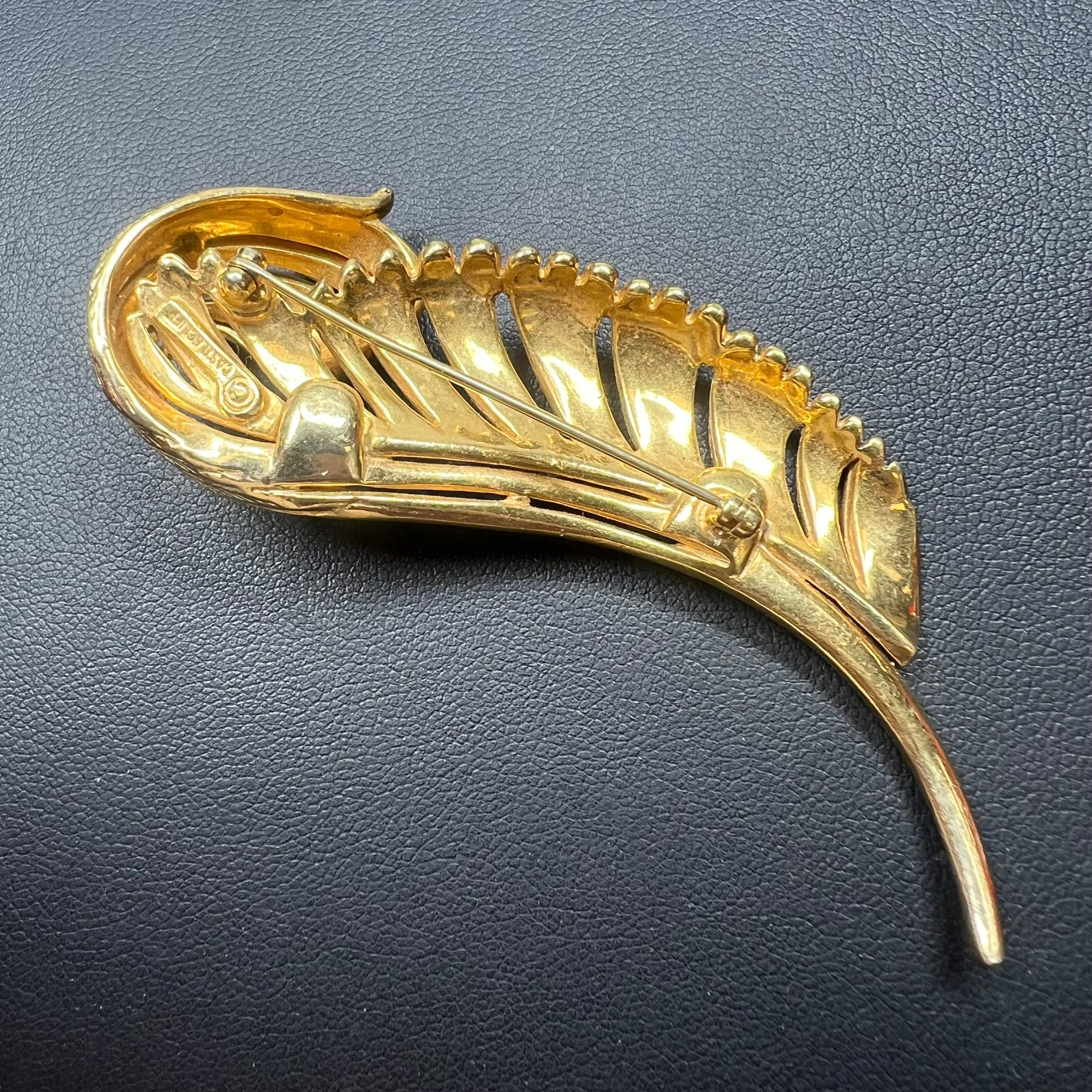 Vintage Castlecliff Feather Brooch Curved Gold Tone Signed 3"