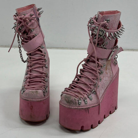 Sugar Thrillz Pink Lace Platform Wedge Combat Boots Spiked Chain Size 7