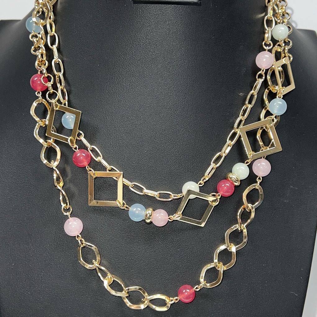 Multi Color Quartz Bead Gold Tone Necklace NIP