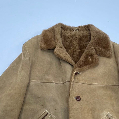 Vintage 70s Tan Suede Leather Sherpa Lined Jacket Coat Men's Sz 46 Chest