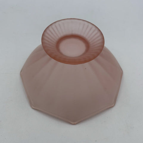 Vintage Pink Satin Glass Bowl Frosted Scalloped Rim Ribbed Pedestal 8 Inch