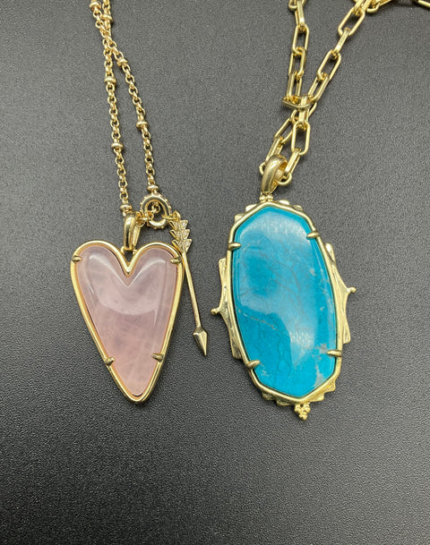 Kendra Scott Ella Blue Stone & Ansley Rose Quartz Heart Pendant Necklace Lot of