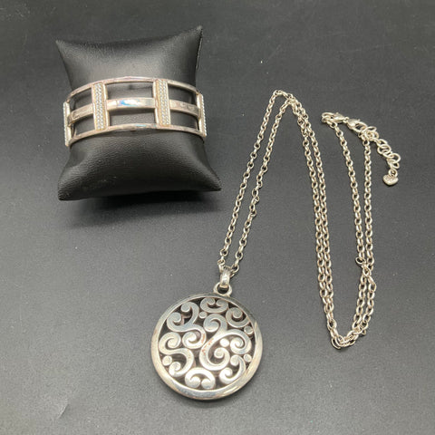 Brighton Vintage 90s Silver Tone Scroll Pendant Necklace Rhinestone Cuff Set