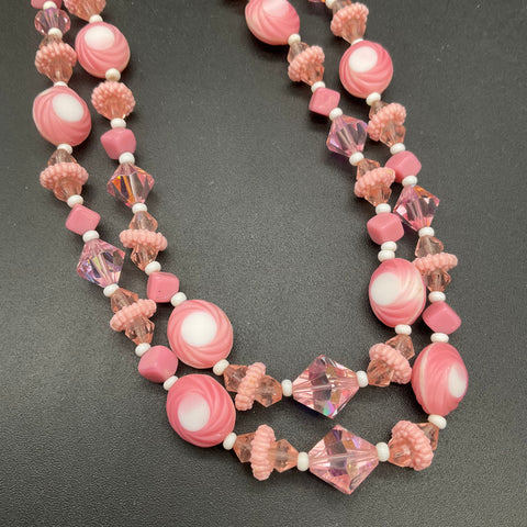Vintage Trifari Signed Blue Glass & Pink AB Crystal Bead Necklace Lot of 2