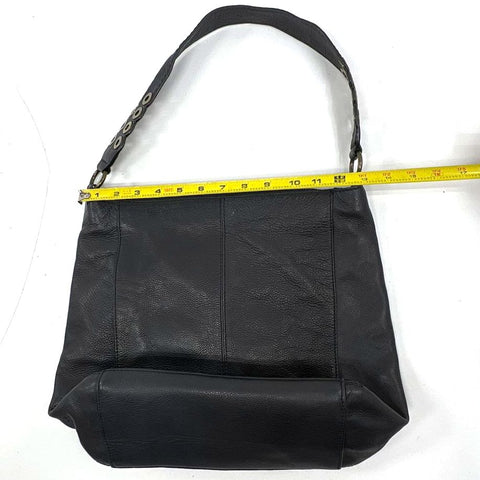 Frye Black Pebbled Leather Hobo Shoulder Bag Grommet Strap Brass Hardware