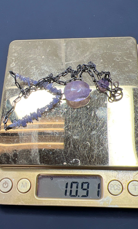 Artisan Sterling Silver Amethyst Chip & Pendant Necklace Dark Patina 20 Inch