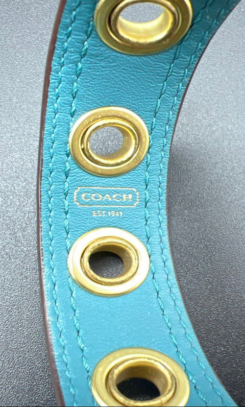 Coach Teal Leather Gold Tone Grommet Bangle Bracelet 2.5" Diameter Signed