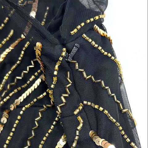 Ashro Black Gold Beaded Sequin Art Deco Flapper Style Gown Dress Size 16W