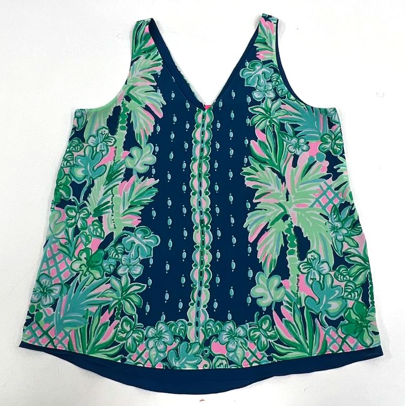 Women's Lily Pulitzer Green Floral & Solid Blue Reversible Tank Top Size Medium