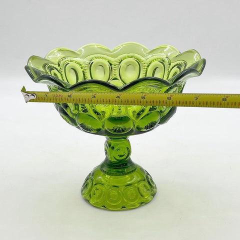 Pressed Glass Moon and Star Pattern Compote Green Pedestal Bowl 8 Inch Vintage