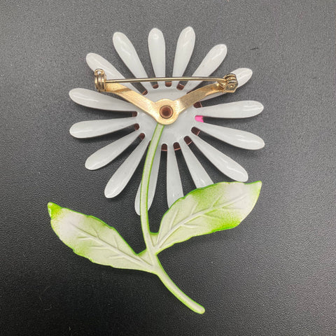 Vintage 1960s Mod Pink Enameled Daisy Flower Brooch Pin Green Stem