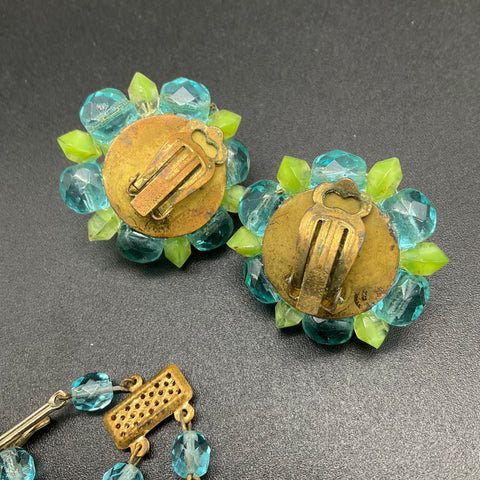 Vintage West Germany Green Blue Plastic Bead Demi Parure Necklace Earrings Set