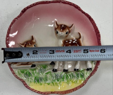 Vintage Ceramic Deer Fawn 3D Relief Wall Pocket Dish Hand-Painted Kitsch 5.5"