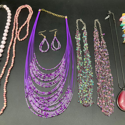 Vintage to Modern Costume Jewelry Lot 10 Necklaces 1 Pair Earrings Pink Purple