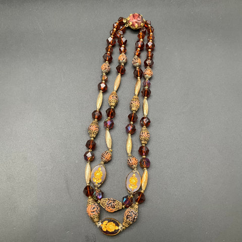 Vintage Costume Jewelry Lot of 2 Beaded Necklaces Rose Motif Double Strand
