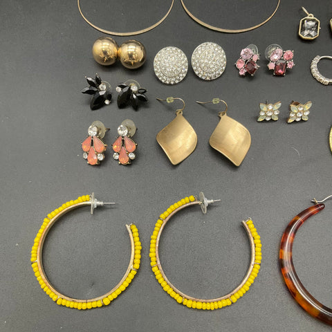 Vintage and Modern Earrings Lot 23 Pairs Hoops Studs Rhinestone Tortoiseshell