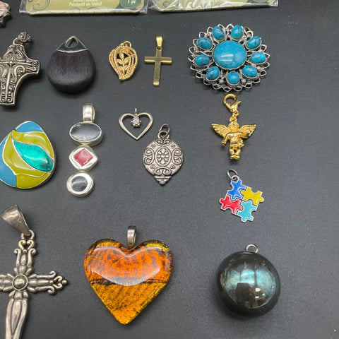 Vintage & Modern Costume Jewelry Lot of 27 Pendants Crosses Elephant Peacock