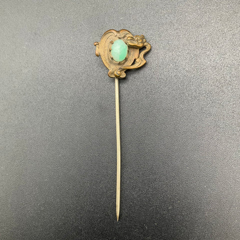Vintage Art Nouveau Dragon Serpent Stick Pin Green Cabochon Stone Brass Tone