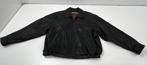 Vintage 90s Couture Genuine Black Leather Bomber Jacket Elastic Waist Sz XL