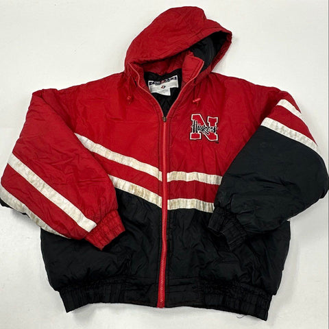 Vintage 90s Jerzees Nebraska Huskers Hooded Quilted Puffer Jacket Sz L