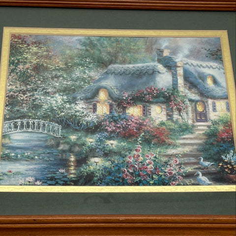 Set 3 Unsigned Cottage Landscape Prints 16x13 Kinkade Style Framed