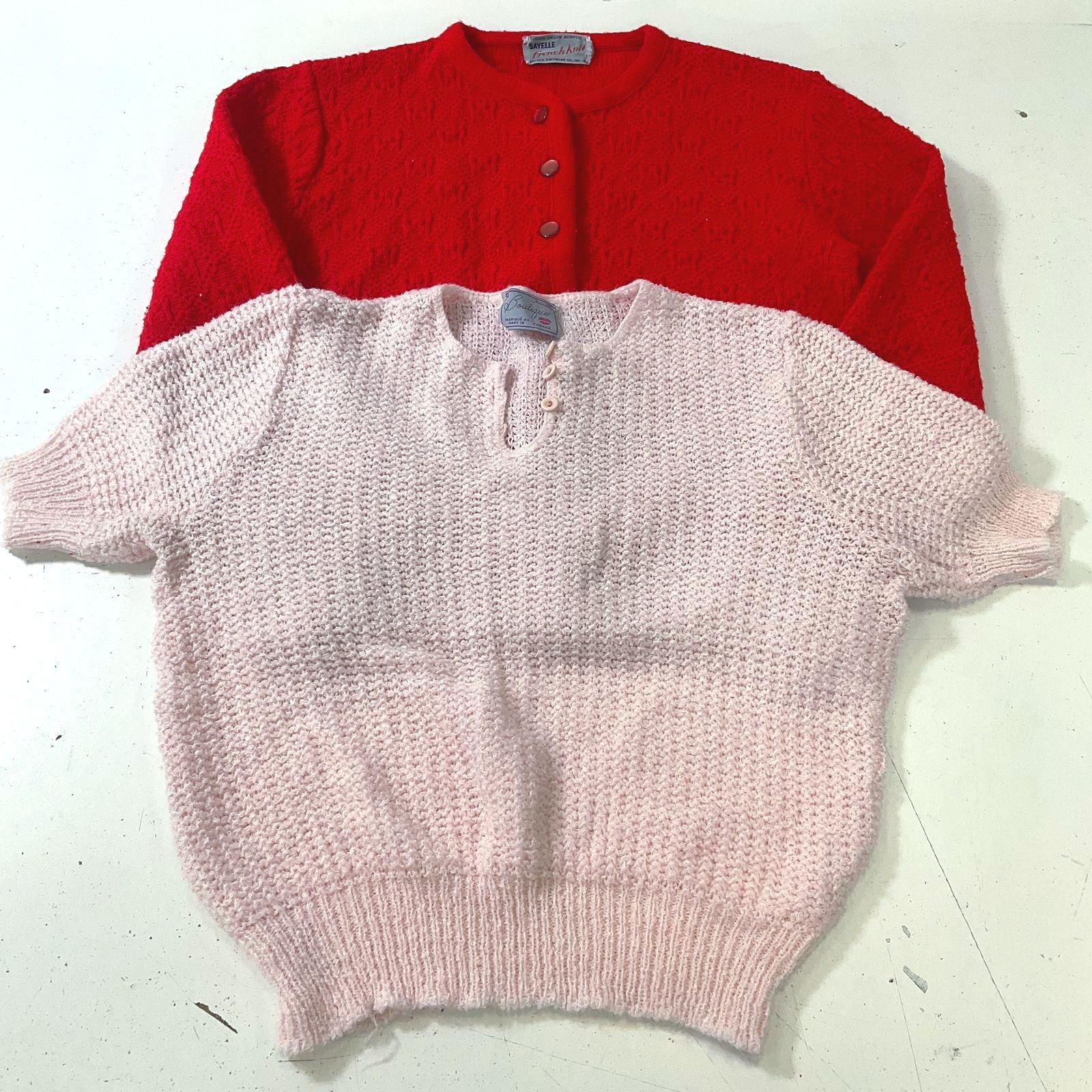 2 Vintage Women's Acrylic Sweaters Pink Short Sleeve & Red Cardigan Size Small