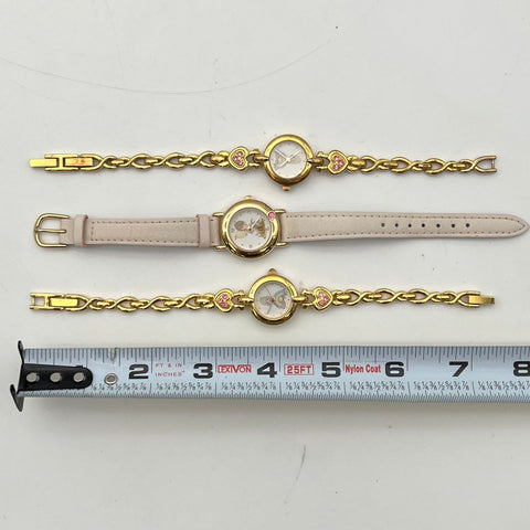 Vintage Precious Moments Gold Tone Watch Lot of 3 Pink Rhinestone Heart Leather