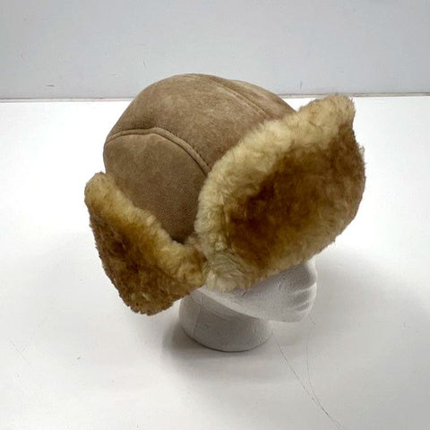 Vintage 90s Tan Suede Trapper Hat Sherpa Faux Fur Lined Earflap Cap