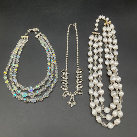 Vintage Costume Jewelry Lot 3 Rhinestone Faux Pearl AB Crystal Fringe Necklaces