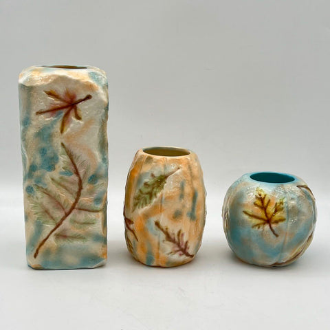 Studio Pottery Vase Lot 3 Pieces Signed Heart A Autumnal Leaf Motif Vintage