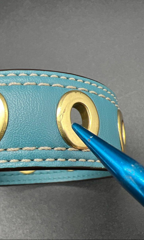 Coach Teal Leather Gold Tone Grommet Bangle Bracelet 2.5" Diameter Signed