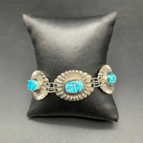 Vintage Egyptian Revival Blue Scarab Necklace and Bracelet Jewelry Set of 2