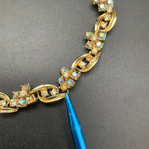 Vintage Gold Tone Aurora Borealis AB Rhinestone Necklace Earring Demi Parure