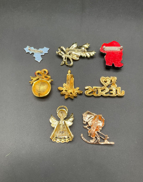 Holiday Pin Lot Tancer II Enameled Rhinestone 8 Pieces Vintage Christmas