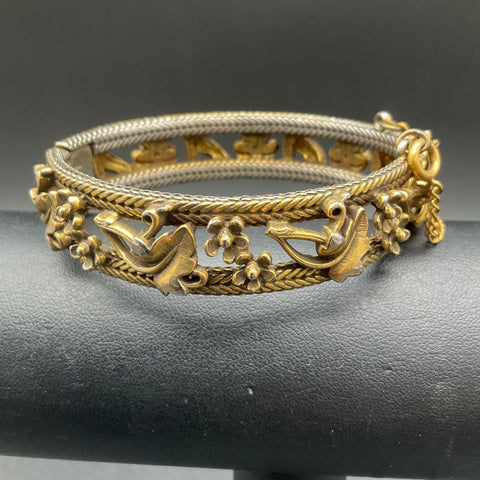 Vintage Florenza Gold Tone Faux Pearl Hinged Bangle Bracelet Floral 7"