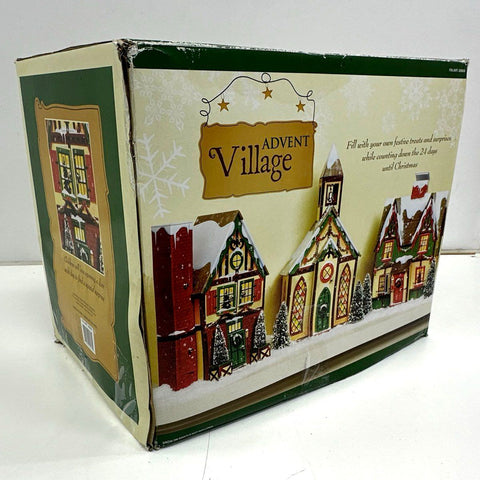 Advent Village Christmas Calendar 3 Piece Wood Composite Set 24 Doors With Box