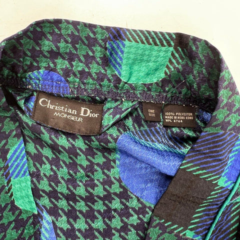 Vintage 90s Christian Dior Monsieur Men's Robe Blue Green Houndstooth Sz OS