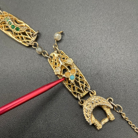 Vintage Goldette Victorian Revival Gold Tone Filigree Multi-Stone Bracelet 7"