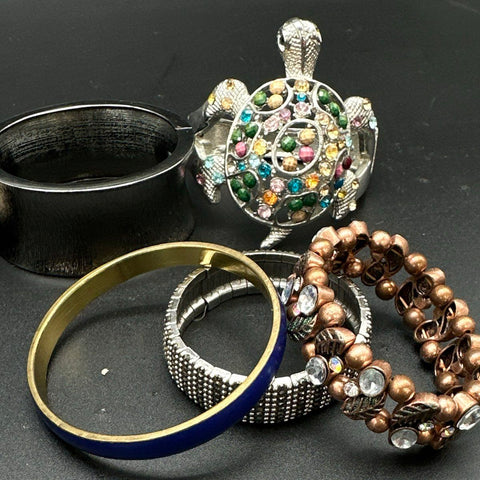Vintage & Modern Costume Jewelry Lot 10 Bracelets Turtle Flower Bangles Cuffs