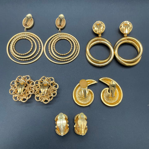 Vintage Gold Tone Clip On Earrings Lot 5 Pairs Chunky 1980s Retro Fashion