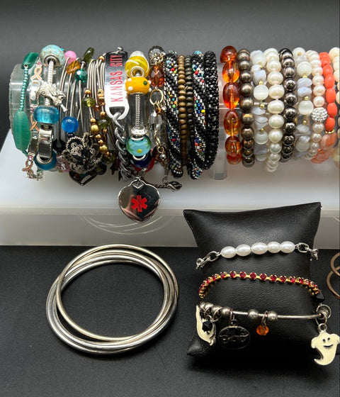 Beaded Costume Jewelry Lot of 27 Bracelets Bangles Cuff Charms Mixed Styles